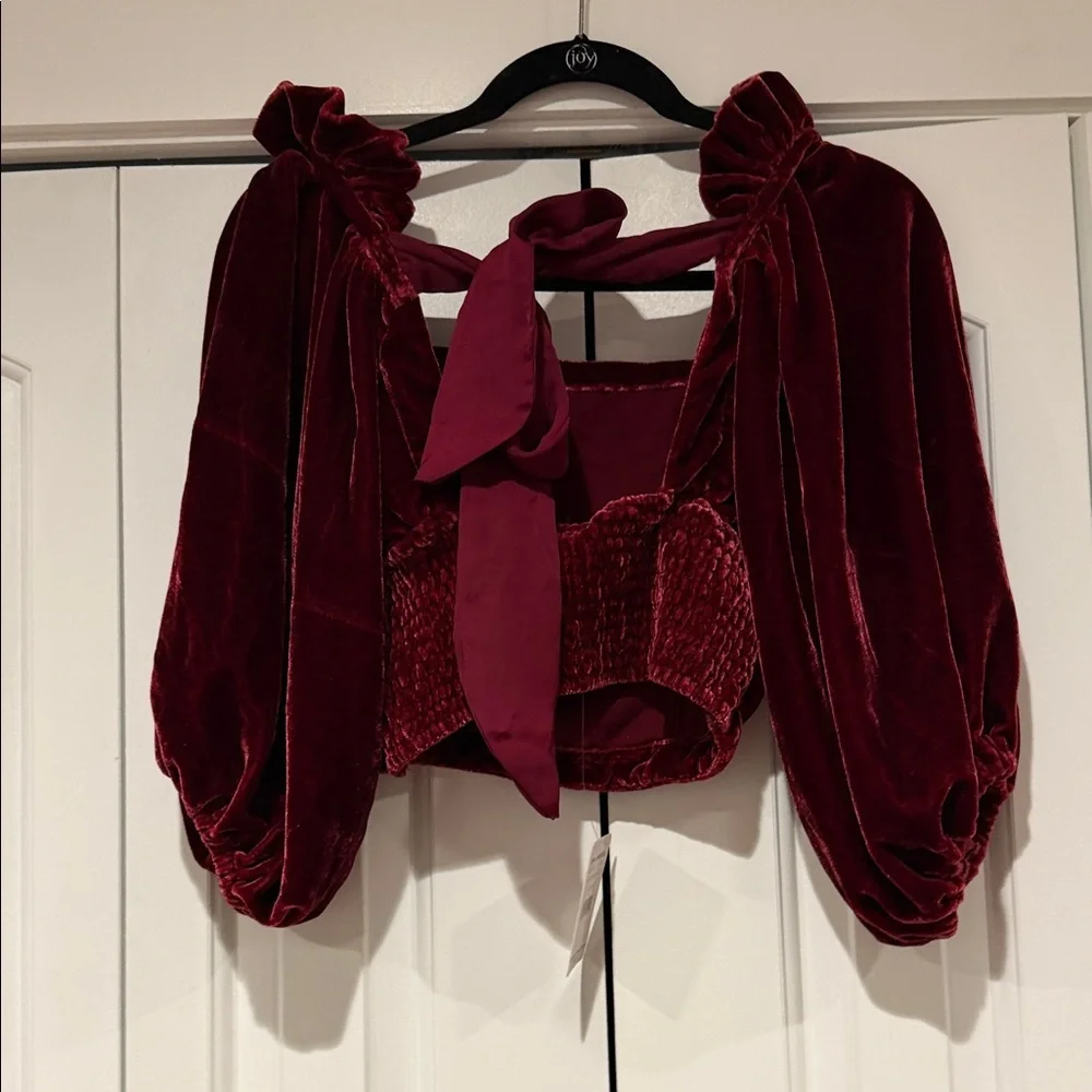 Free People Velvet puff sleeve cropped Burgundy Blouse with‎ tie in back XS NWT